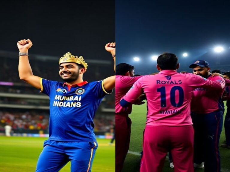 A split-image visual showing RR players celebrating a wicket on the left and MI’s Rohit Sharma walking back dejected on the r
