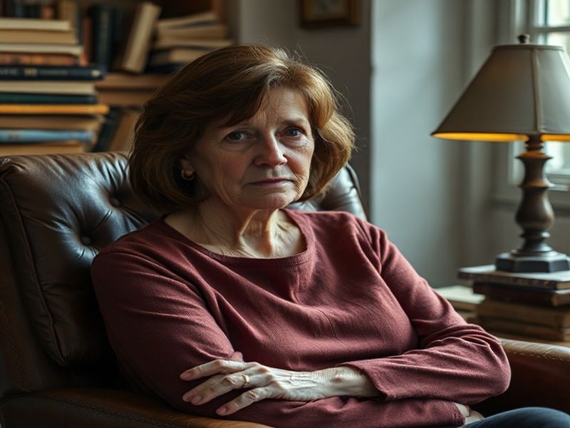 A candid portrait of Ann Dowd on a film set or stage, showcasing her expressive face and subtle intensity, with soft lighting
