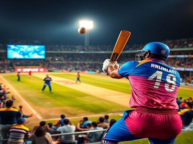 A dynamic cricket match scene at night, with Rajasthan Royals and Mumbai Indians players in action under stadium lights. The