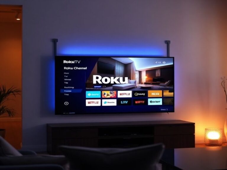 A split-screen image showing a Roku streaming device on a TV screen alongside a collage of popular shows and movies available