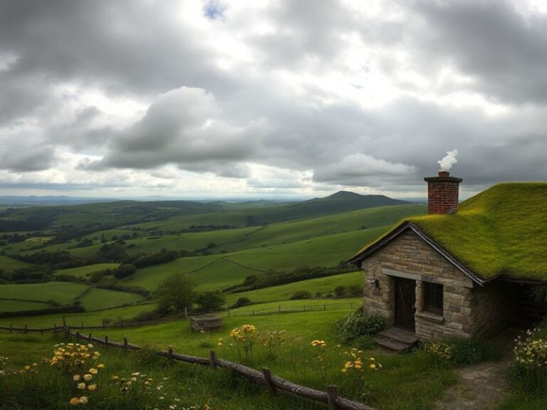 A scenic view of the UK countryside in April, showcasing blooming flowers under a partly cloudy sky, capturing the essence of