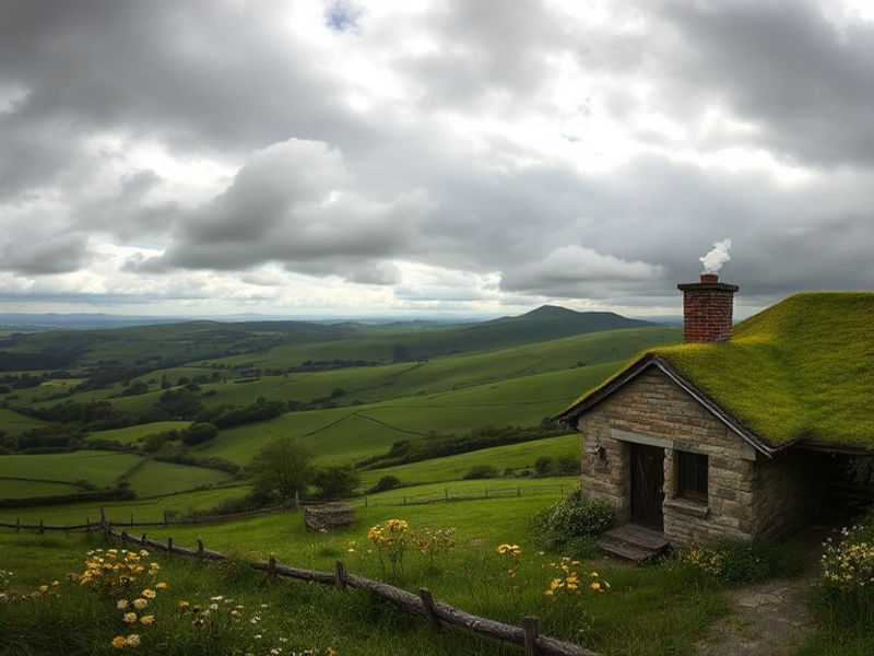 A scenic view of the UK countryside in April, showcasing blooming flowers under a partly cloudy sky, capturing the essence of