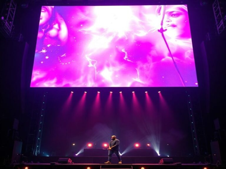A dynamic concert shot of Kanye West performing on stage, bathed in dramatic lighting with a large Yeezy logo projection behi