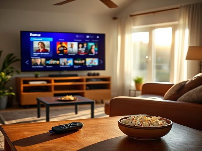 A sleek Roku remote resting on a wooden table with a Roku TV in the background displaying The Roku Channel interface. The sce