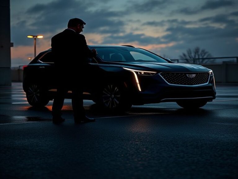 A modern Cadillac Lyriq parked in an urban setting, showcasing its sleek design and electric branding, under a clear blue sky