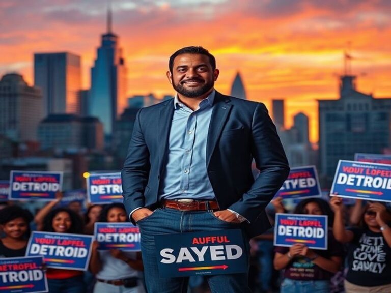 A portrait of Abdul El-Sayed, standing confidently in a public setting, engaging with community members, showcasing his commi