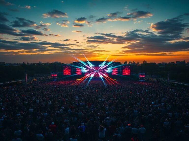 A vibrant aerial shot of a massive outdoor festival with neon stages, diverse crowds dancing, and holographic projections aga