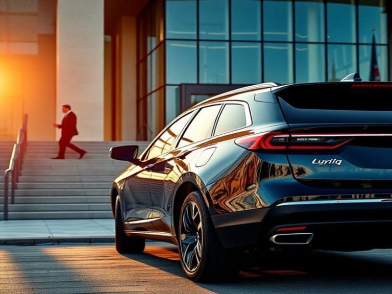 A Cadillac Lyriq electric SUV parked in a modern showroom with a subtle warning overlay on the dashboard screen, conveying bo
