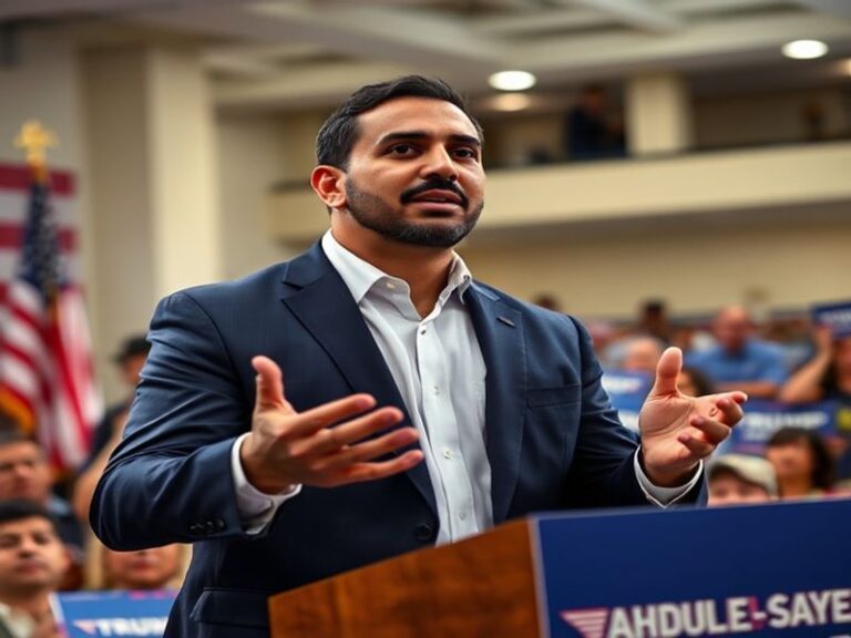 A candid professional portrait of Abdul El-Sayed speaking at a podium, wearing a suit and glasses, with an urban backdrop sug