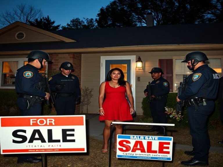 A tense scene outside a modest Los Angeles home at dawn, with ICE agents in uniform leading a woman in handcuffs toward a van