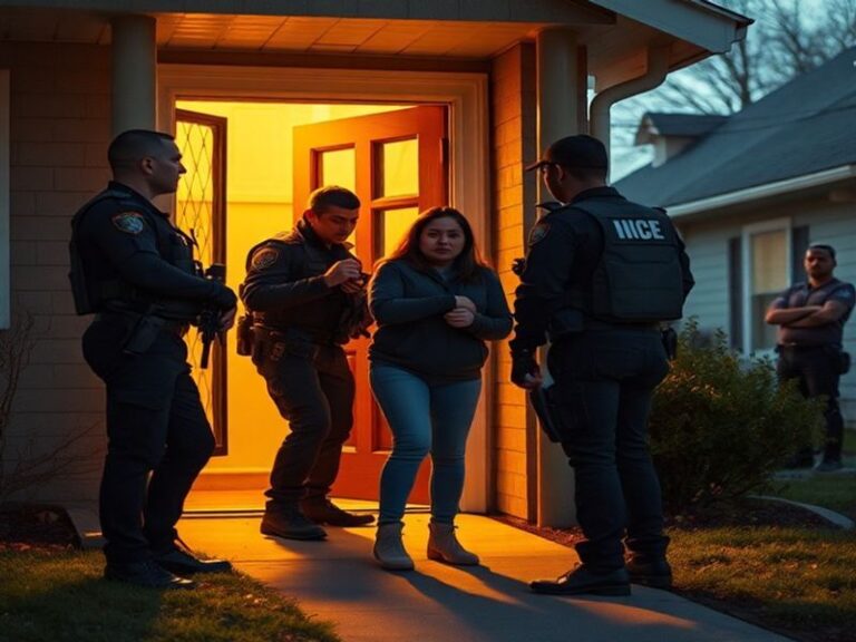 A protest scene outside the Adelanto ICE Processing Center with signs demanding 'Free Annie' and 'No Human is Illegal.' The p