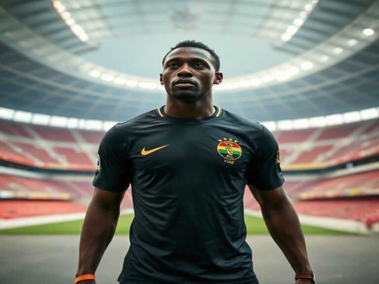 A tense press conference with Ghana coach Chris Agyemang speaking to media, surrounded by microphones and cameras, with Ghana