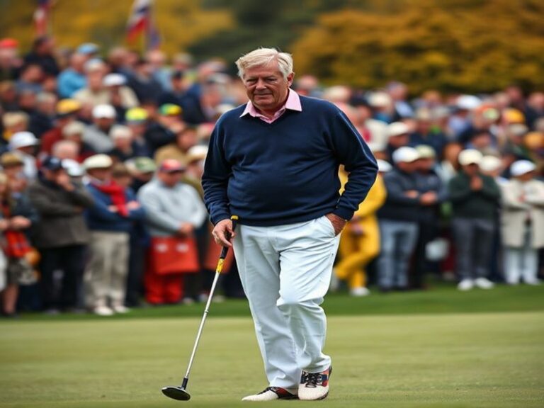 A split-image illustration showing Tom Watson in his prime swinging a golf club on the left and a serene golf course with cla