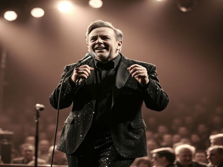 A candid, warm-toned photo of Ray Stevens mid-performance on stage, wearing a cowboy hat and a colorful shirt, with a vintage