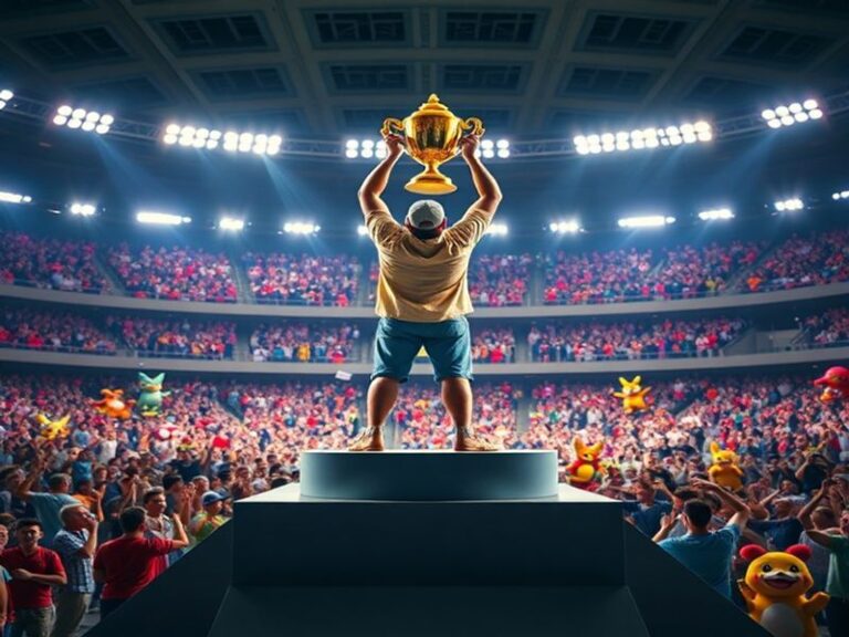 A dynamic scene featuring four new Pokémon Champions in action, surrounded by their signature Pokémon. The setting is a futur