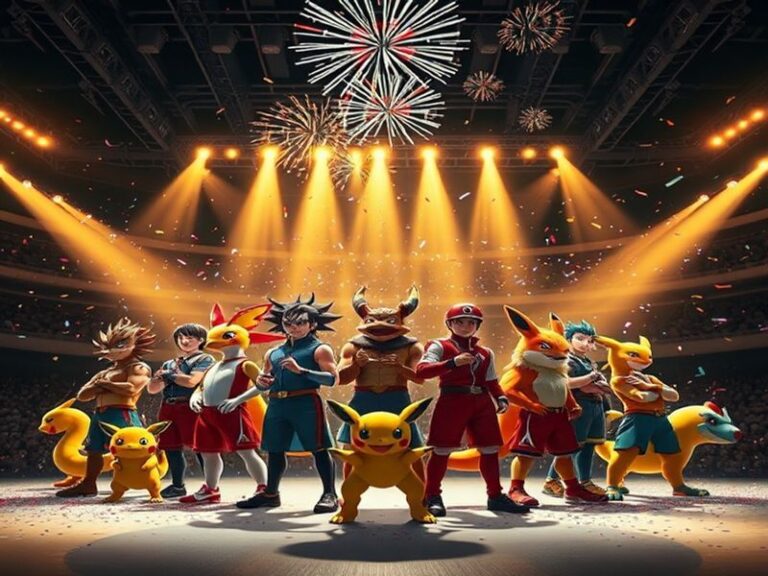 A dynamic promotional image of Pokémon Champions featuring key visuals: a diverse team of Pokémon mid-battle, vibrant arenas,