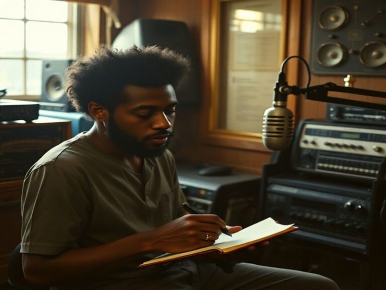 A split-image visual featuring Donald Glover in his Childish Gambino persona on stage during a concert, juxtaposed with a sce