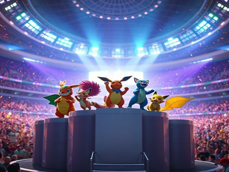 A vibrant digital illustration of a Pokémon Champions tournament stage, featuring diverse players from around the world compe