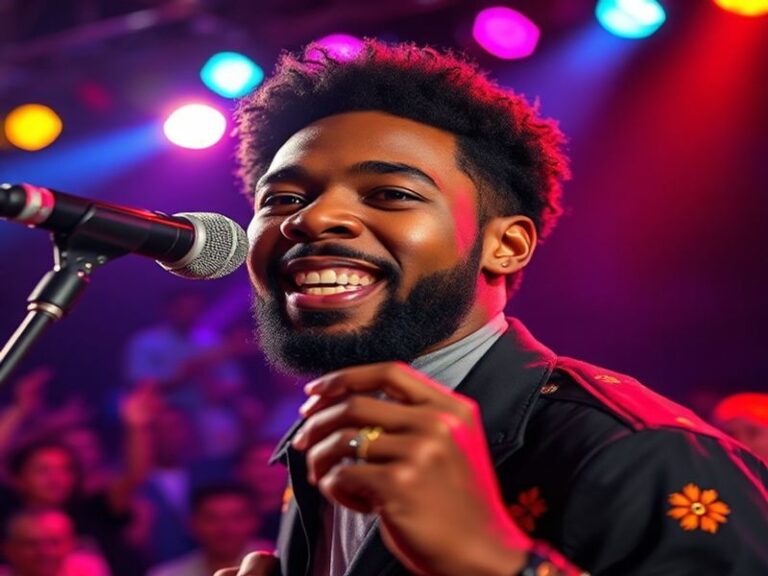 A dynamic portrait of Donald Glover in a stylized urban setting, wearing a colorful jacket with one hand in a pocket and a co