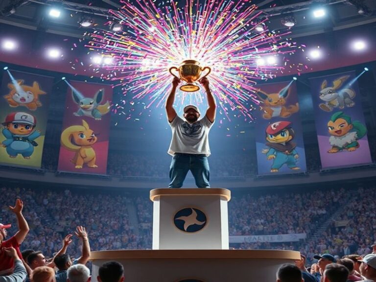 A vibrant illustration of the Pokémon Champions game cover featuring new Pokémon characters, showcasing a colorful fantasy la