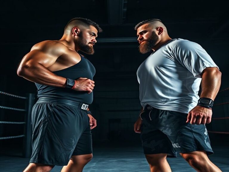 A tense stare-down between Tommy Fury and Eddie Hall in a packed arena, with referee and cage in the background. The atmosphe