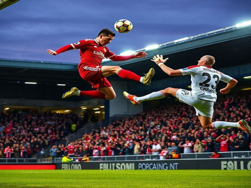 A vibrant match scene at Wrexham's Racecourse Ground, showing players in mid-action, fans in red and white scarves cheering,