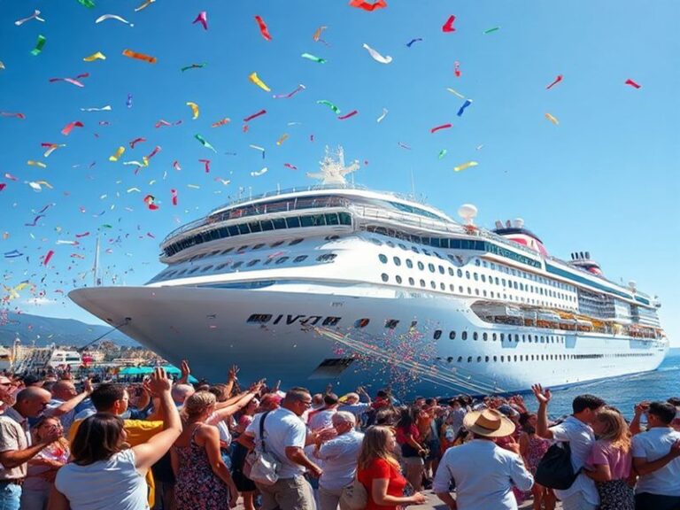 A vibrant sunset view of Carnival Firenze docked in a Mediterranean port, with historic buildings and a bustling waterfront i