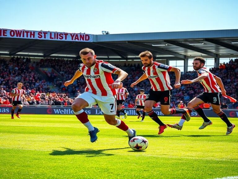 A vibrant football stadium atmosphere with Wrexham AFC and Southampton FC players on the pitch, fans in the stands, and a mix