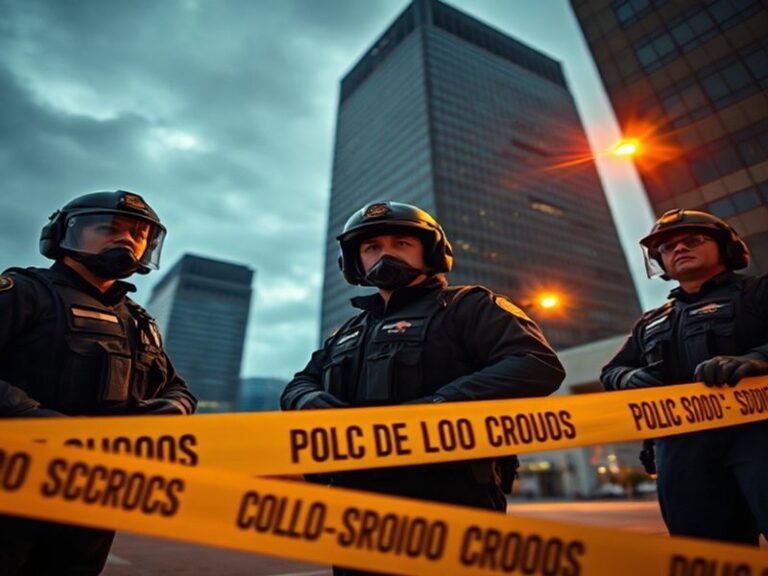 A bustling Dallas street with emergency vehicles and police presence, illustrating the scene during the bomb threat response.