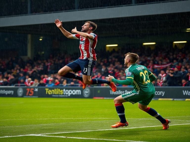 A mid-action shot of Shrewsbury players celebrating their second goal against Bromley, with the Hayes Lane stadium in the bac