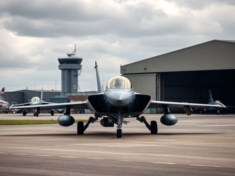 Aerial view of RAF Fairford showing its long runway, parked B-52 bombers, and surrounding military infrastructure under a clo
