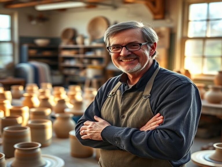 A well-lit pottery studio featuring Keith Brymer Jones at a pottery wheel, surrounded by completed ceramic pieces with unique