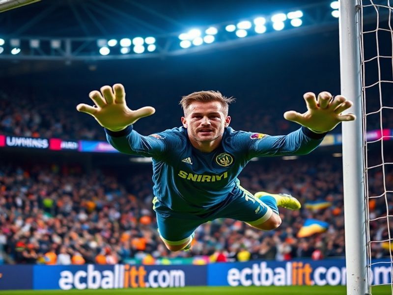 Andriy Lunin in a Real Madrid goalkeeper kit, mid-save during a Champions League match at Santiago Bernabéu, with blurred cro