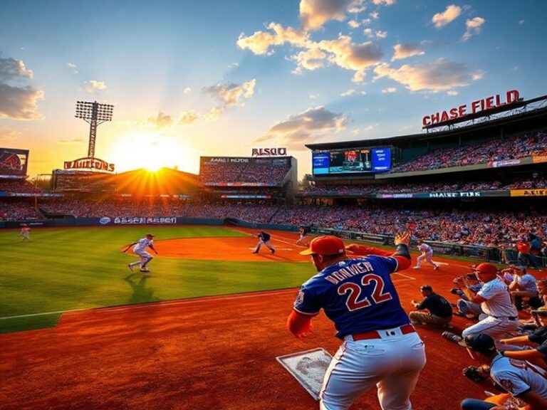 A vibrant image capturing a Diamondbacks vs. Mets game, showcasing players in action, the stadium atmosphere, and fans in tea
