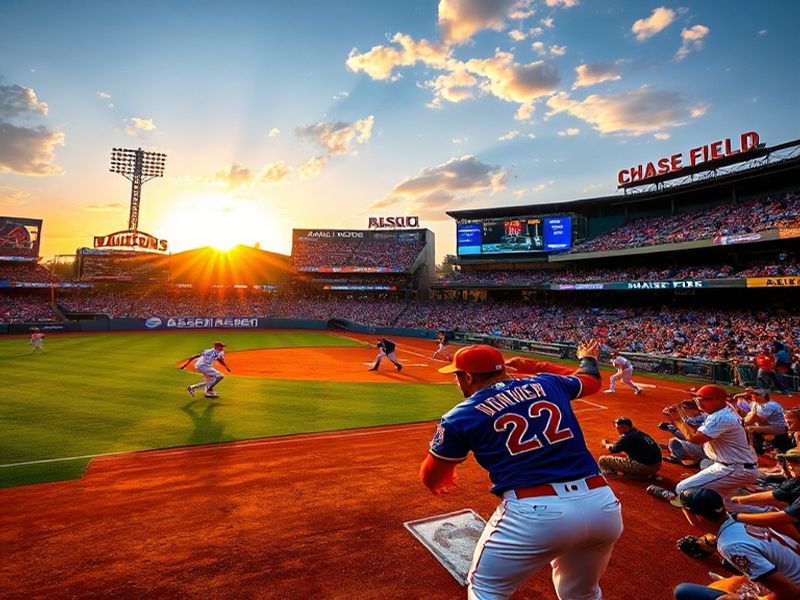 A vibrant image capturing a Diamondbacks vs. Mets game, showcasing players in action, the stadium atmosphere, and fans in tea