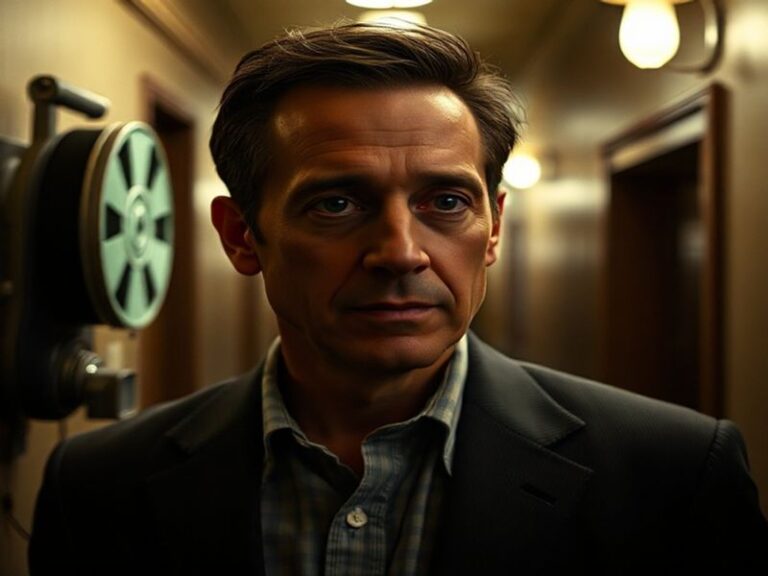 A promotional shot of Patrick Wilson in character as Ed Warren from The Conjuring, wearing a suit and holding a camera in a d