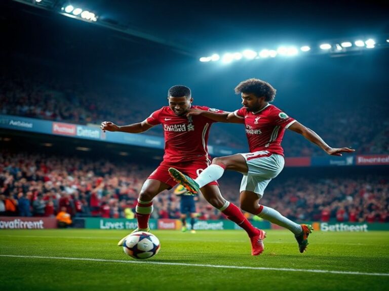 A split-image visual: Left side shows PSG’s Mbappé celebrating with teammates at Parc des Princes under bright lights, right