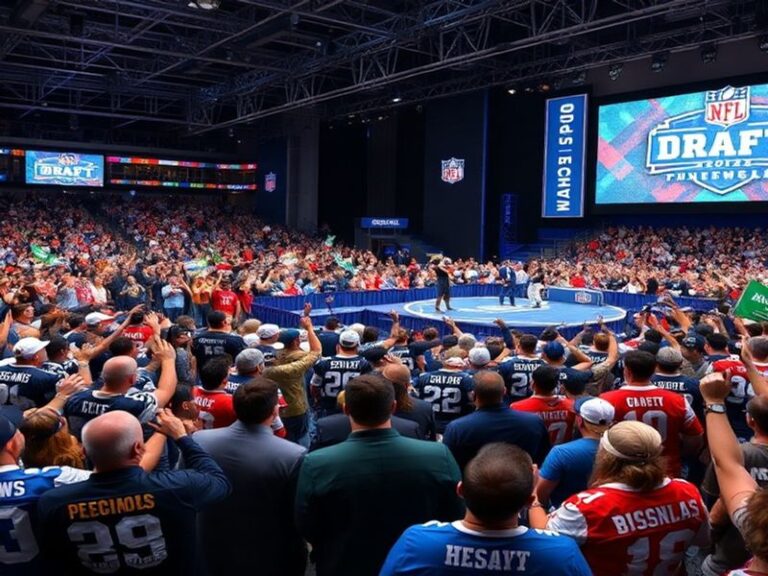 A vibrant outdoor scene at Campus Martius Park in downtown Detroit during a past NFL Draft event. The image features a large