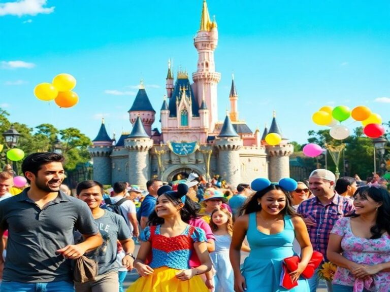 A vibrant collage of Disney icons: Mickey Mouse, Cinderella Castle, Marvel characters, and Star Wars symbols against a backdr