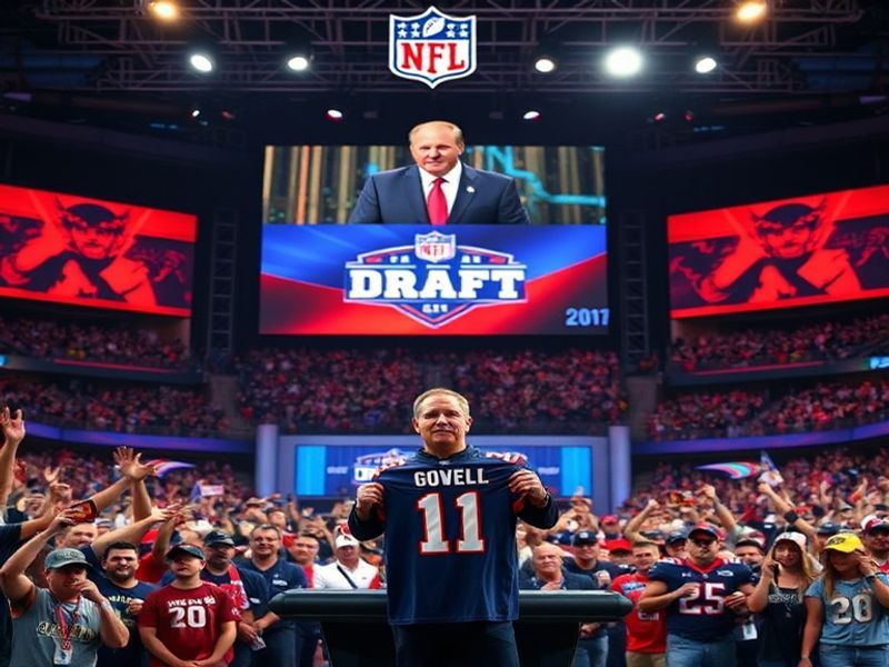 A vibrant stadium filled with NFL Draft banners, a large stage with the NFL logo, and fans in team jerseys celebrating. The s