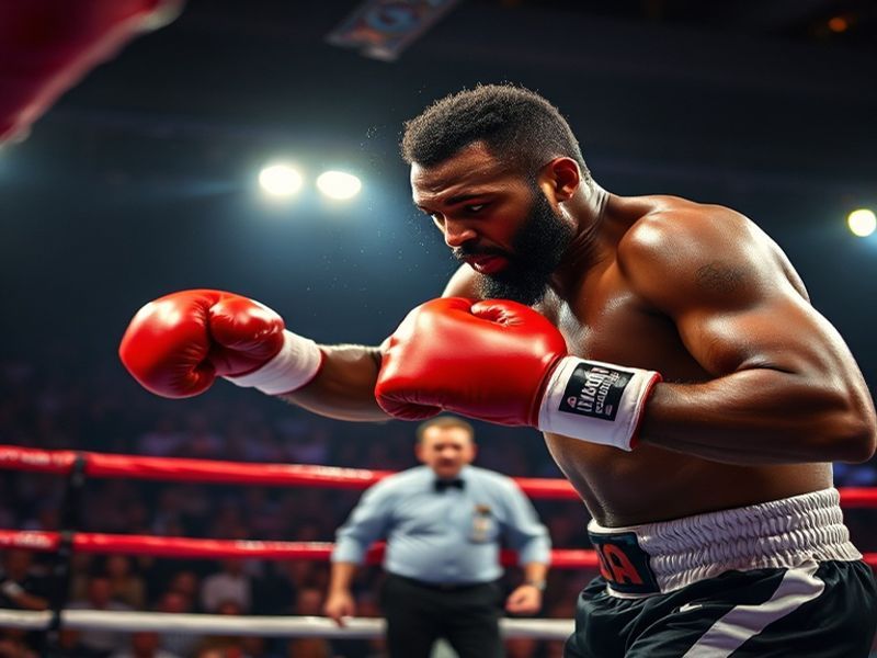 A dynamic action shot of David Haye mid-punch in a boxing ring, wearing his distinctive red trunks, with a focused expression