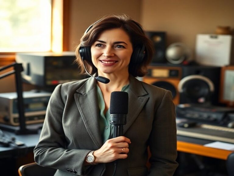 A professional headshot of Jayne Middlemiss in a modern studio setting, wearing headphones and smiling warmly at the camera,