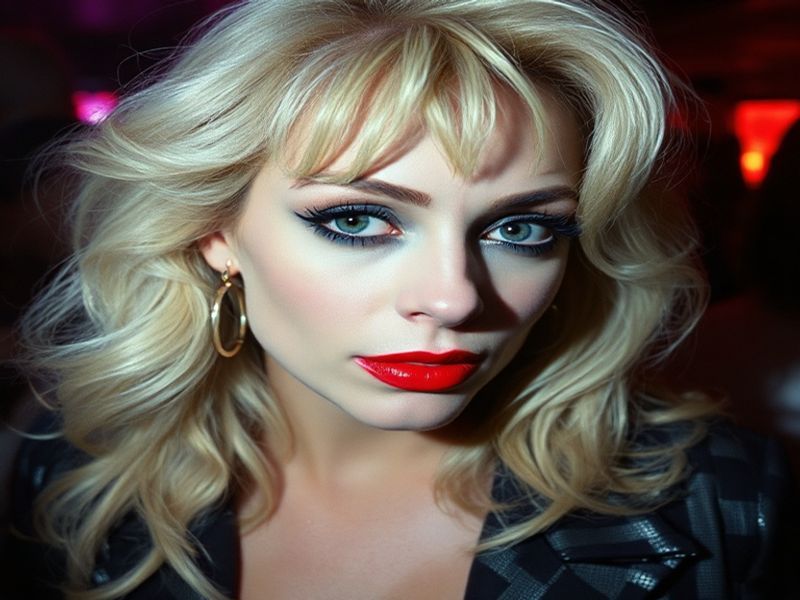 A stylish portrait of Patsy Kensit in her prime, wearing a bold 1980s outfit with leather jacket and striking makeup, set aga