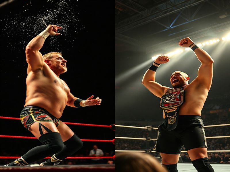 A dynamic action shot of Triple H in his prime, mid-match with a focused expression, wearing his signature long hair and bear