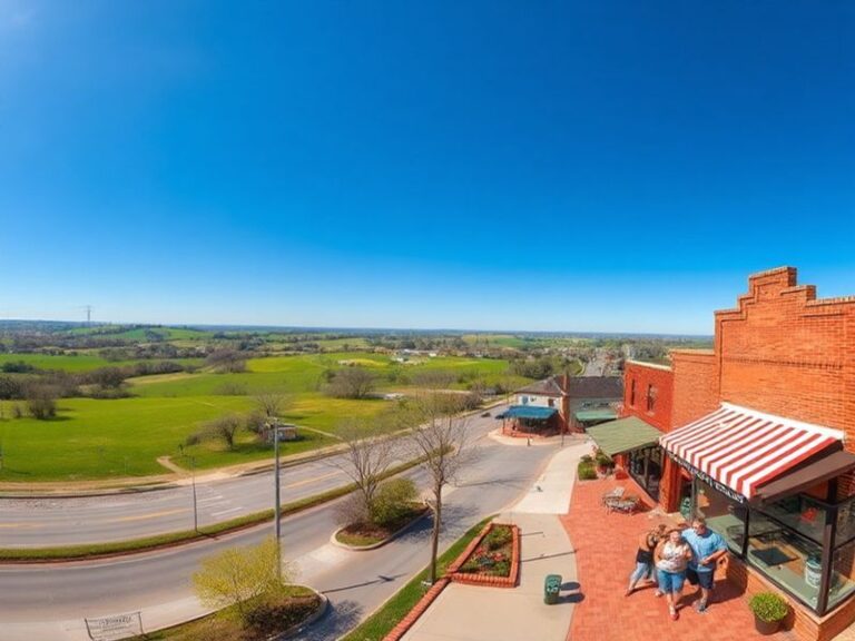 A vibrant street scene in downtown Pauls Valley, Oklahoma, featuring historic brick buildings, murals depicting Indigenous mo