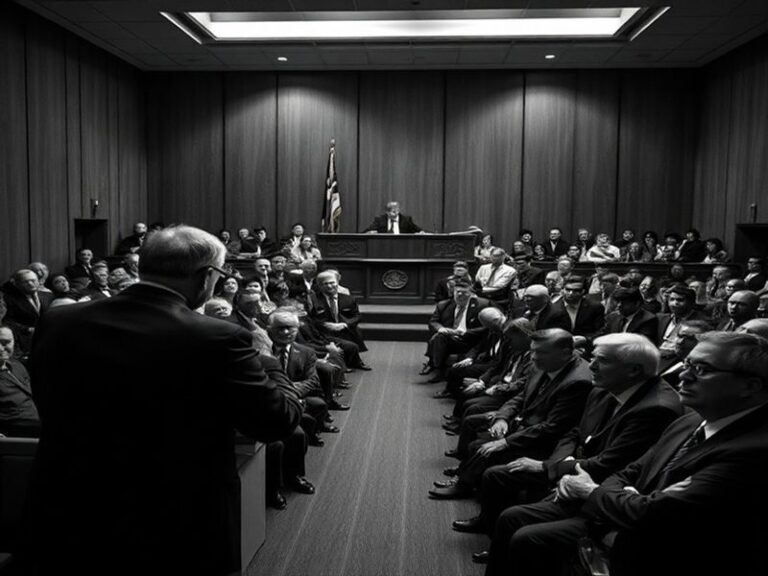 A gavel resting on a legal document labeled 'Class Action' in a courtroom setting, with silhouettes of diverse people in the