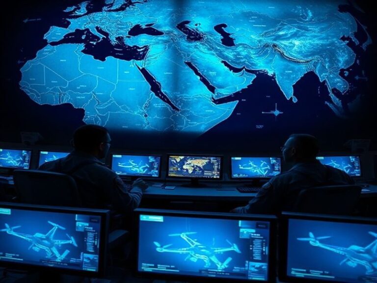 A satellite view of Centcom's operational area from Egypt to Kazakhstan, highlighting key bases like MacDill AFB, the Fifth F