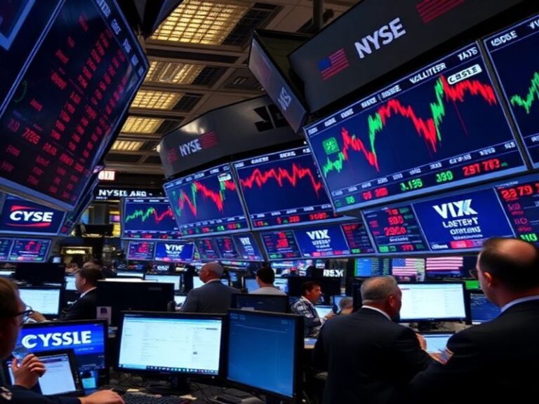 A stock market trading screen displaying the VIX index in red, with candlestick charts in the background, symbolizing market