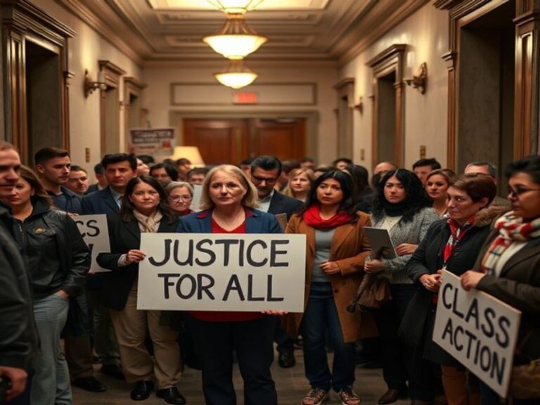 A courtroom scene with a diverse group of plaintiffs standing united behind their attorney, with legal documents and a gavel