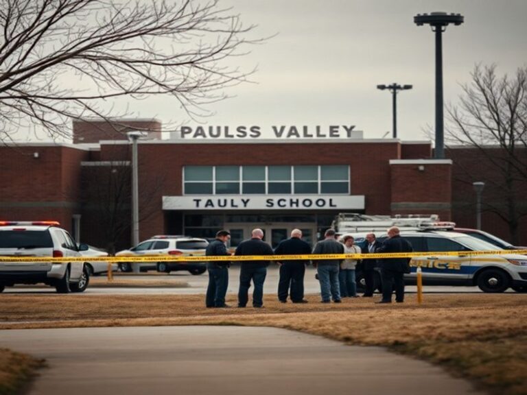 A somber scene at Pauls Valley High School: students and community members holding candles during a nighttime vigil, with pol